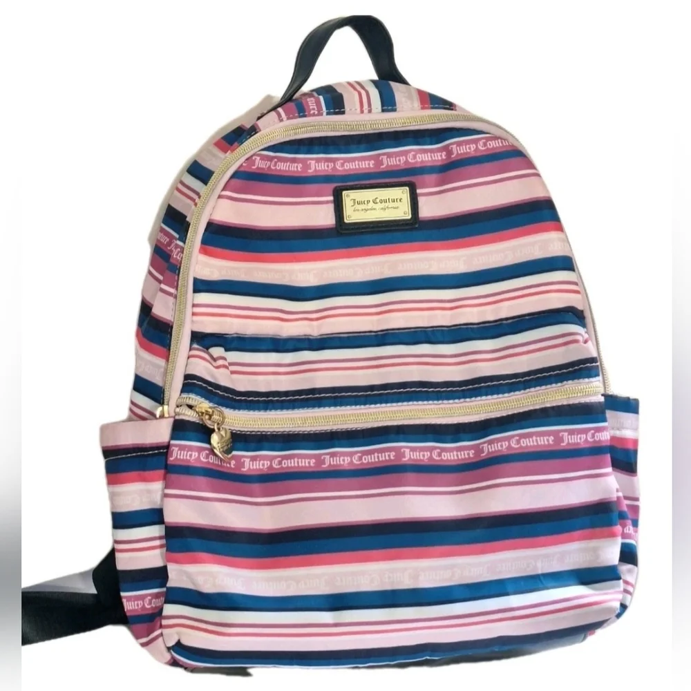 Juicy Couture Wild Heart Striped Full Size Backpack Gold Hardware Goth Text EUC